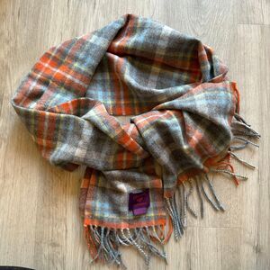 Phenix Cashmere Gray Orange Blue Warm Cozy Muted Plaid Winter Fringe Scarf